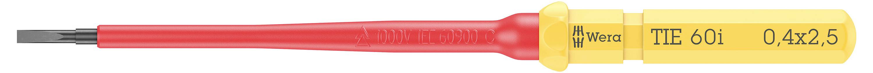 Cacciavite elettrico con impugnatura gialla e punta rossa, che mostra il testo 'THE 601 0,4x2,5'. Strumento per una manipolazione sicura.