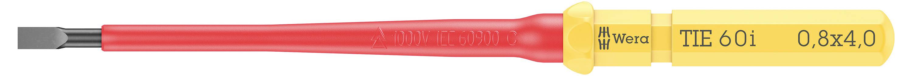 Cacciavite con impugnatura rossa e isolamento giallo, contrassegnato con 'TME 601 0,8x4,0', idoneo per lavori di precisione.