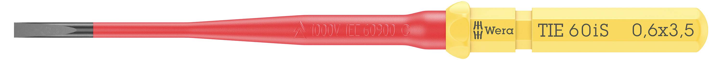 Cacciavite con impugnatura isolata rossa e lama piatta, contrassegnato con 'Wiha SoftFinish 160 i S 0.8 x 5.5'.