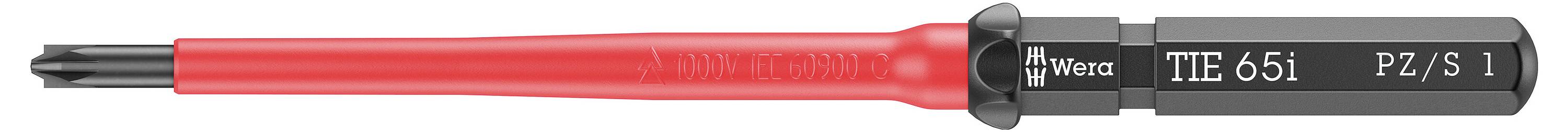 Un cacciavite nero con impugnatura rossa, sul quale è riportato 'TTF 65 t' e 'PZ/S 1'. Utilizzato principalmente per viti a croce.