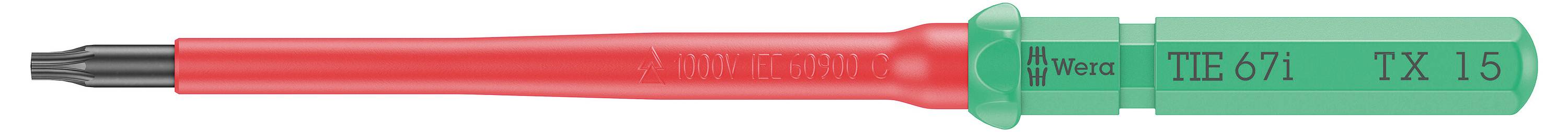 Un cacciavite isolato con impugnatura rossa e verde, su cui è riportato 'Wera 3167 TX 15'.