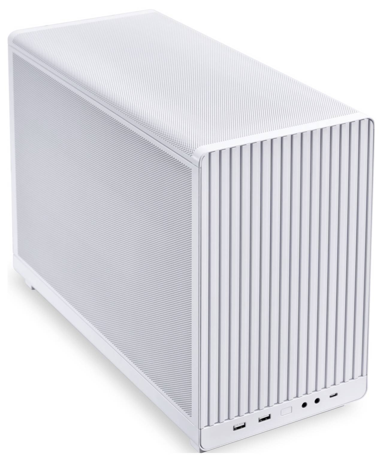 Un case per computer bianco con un design minimale e nervato. Il frontale mostra connettori e comandi.