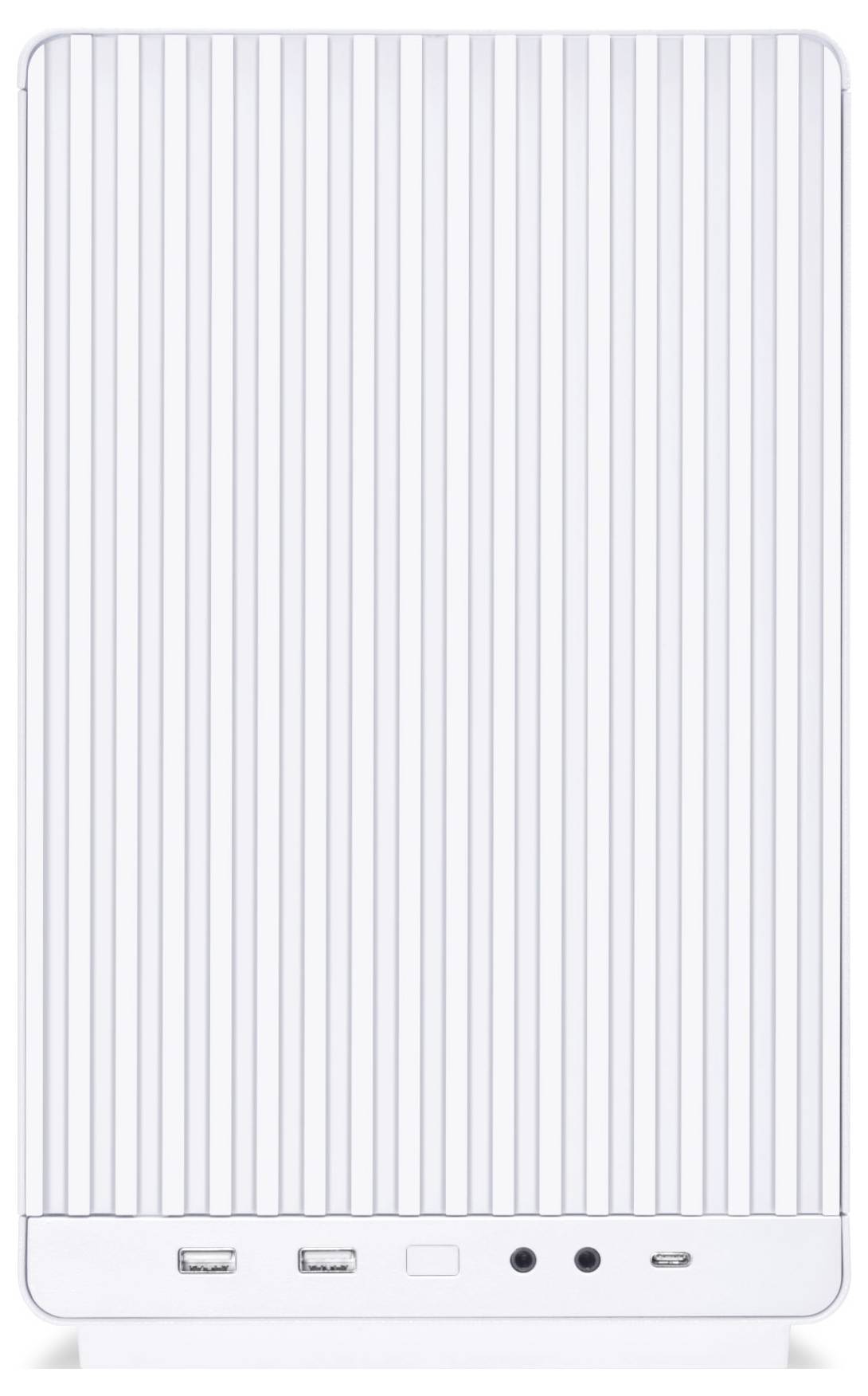 Parte anteriore del case del computer color argento con strisce verticali, due porte USB, jack audio e un interruttore di accensione in basso.