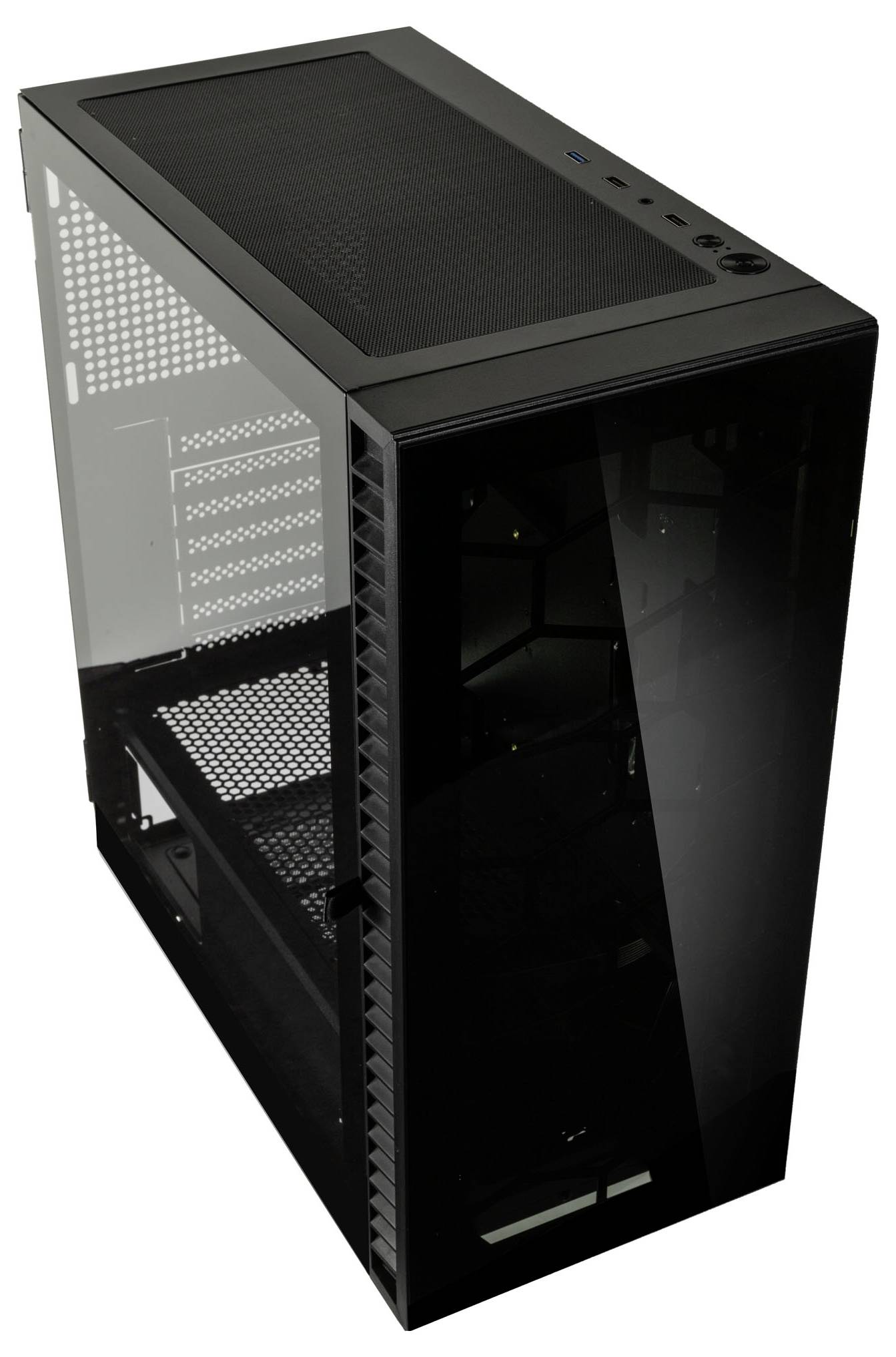 Custodia per PC nera in vetro con coperchio ventilato, finestra laterale e possibilità di connessioni frontali. Adatta per PC da gaming.