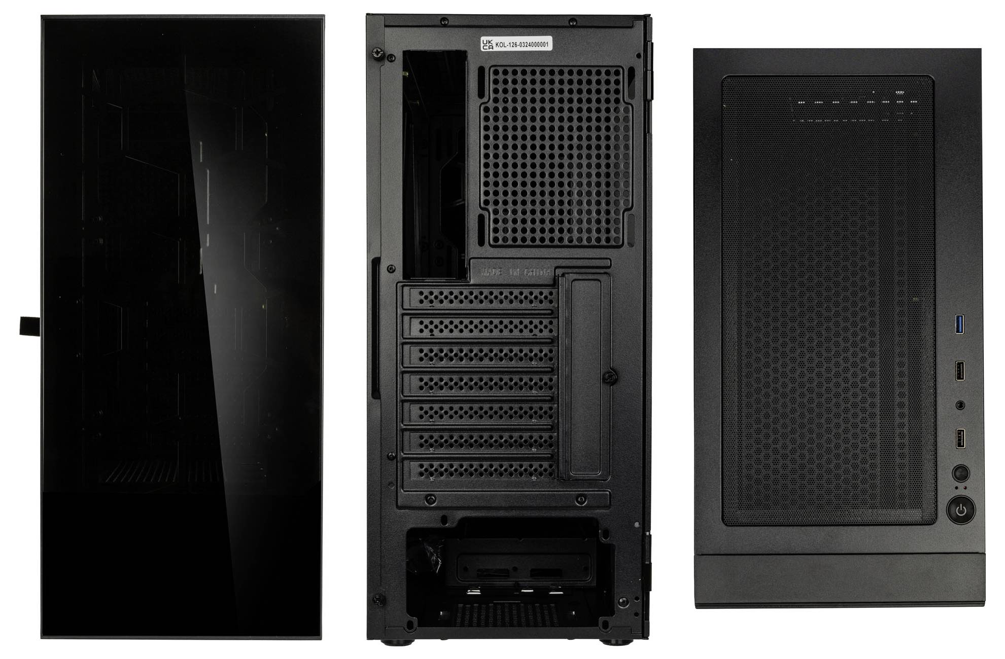 'Case nero per PC visto frontalmente, posteriormente e dall'alto, con diverse porte e fessure di ventilazione.'