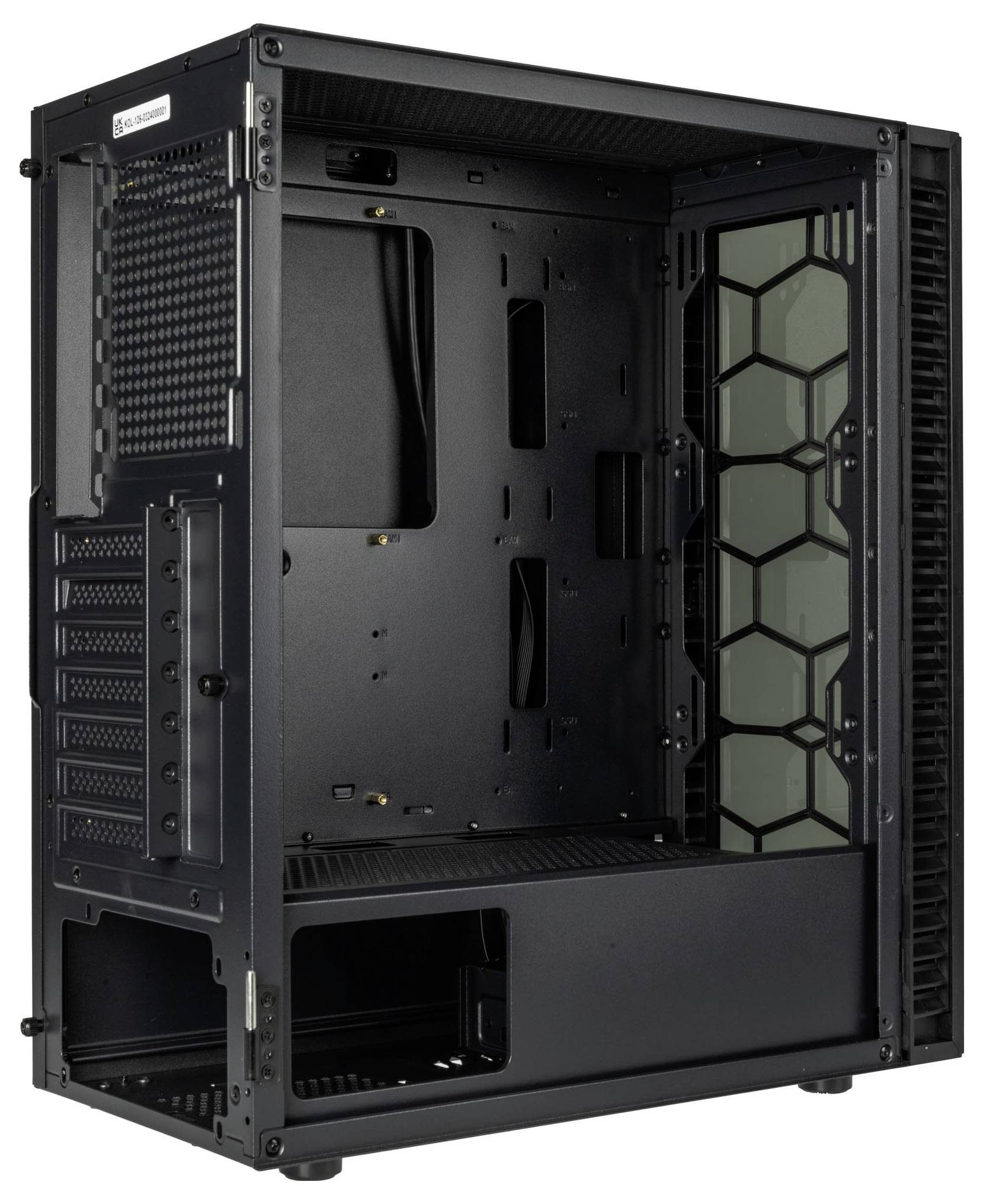Un case per computer aperto con diversi alloggiamenti per componenti e un motivo esagonale sulla parete laterale.