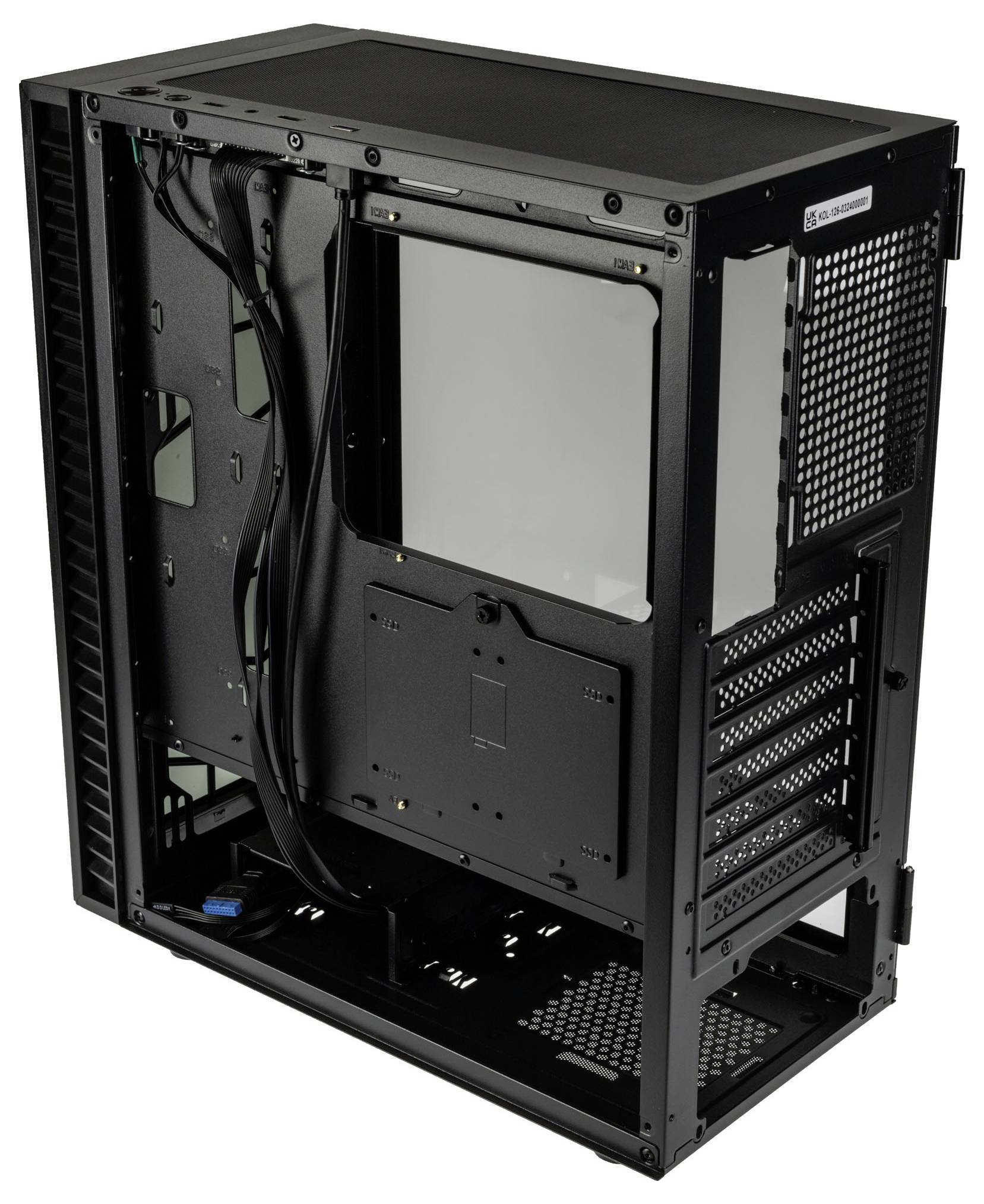 Un case nero per computer con gestione dei cavi visibile. Si vedono il retro e l'interno del case.