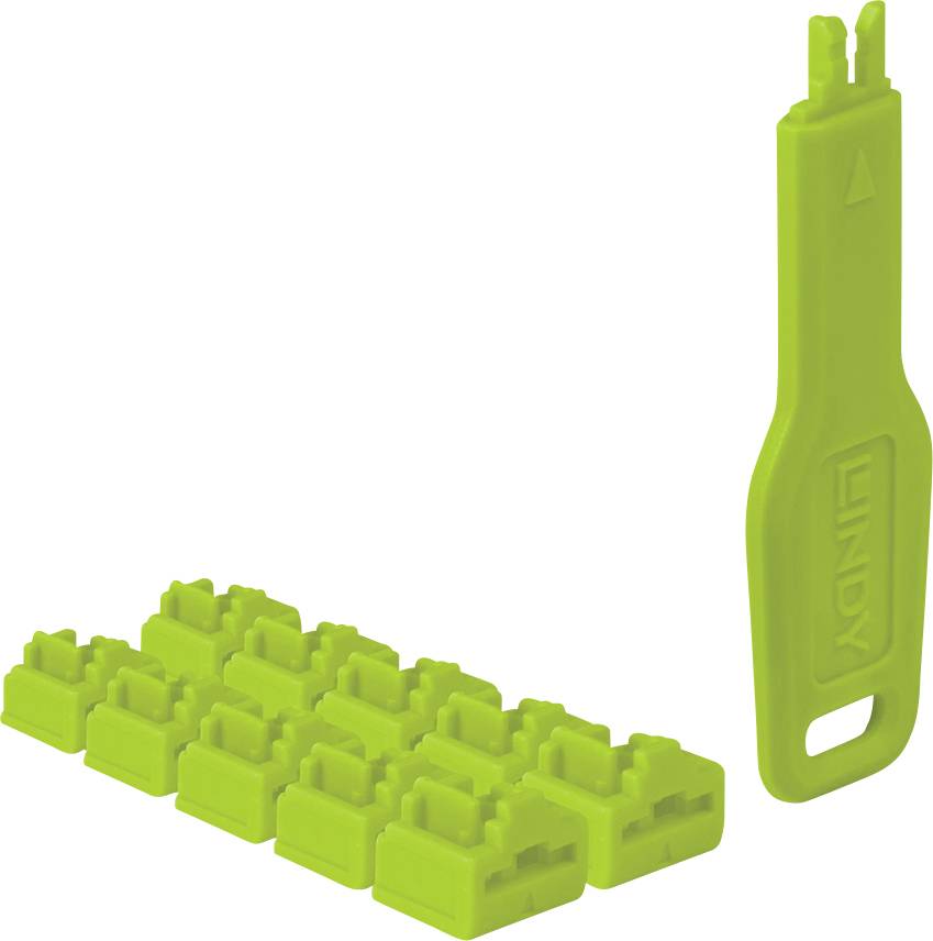 Uno strumento verde di inserimento a pressione e una serie di connettori corrispondenti con fessura per il cavo su uno sfondo bianco.
