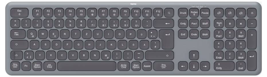 Tastiera nera wireless su sfondo grigio; layout completo con tastierino numerico; 12 tasti funzione in alto; design sottile.