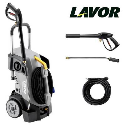 Idropulitrice con ruote, tubo e ugello, marca Lavor. Ideale per la pulizia di aree esterne. Include parti accessorie.