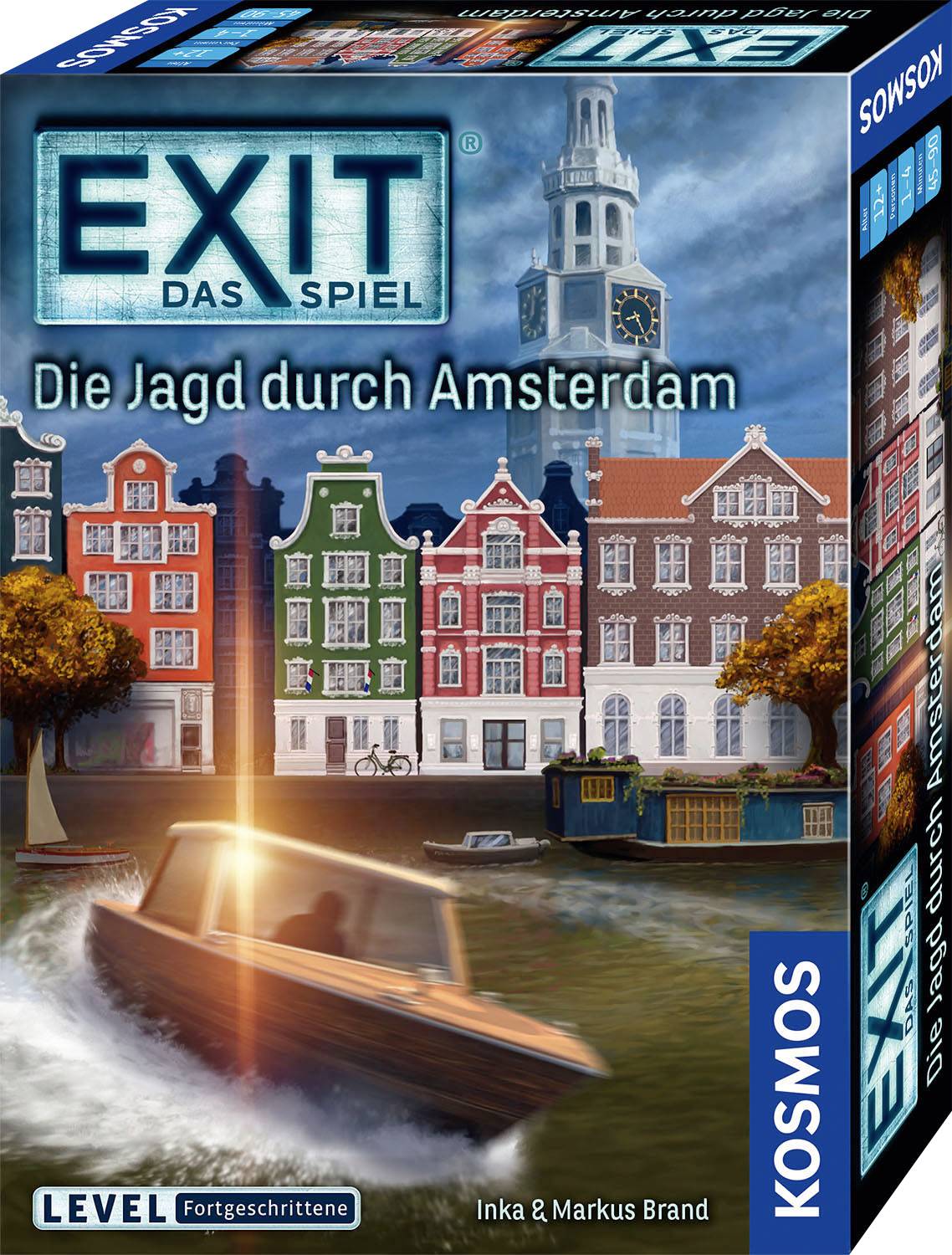 Scatola di un gioco da tavolo 'EXIT: Il Gioco - L'Inseguimento ad Amsterdam' che mostra case sui canali e una barca veloce su un canale.
