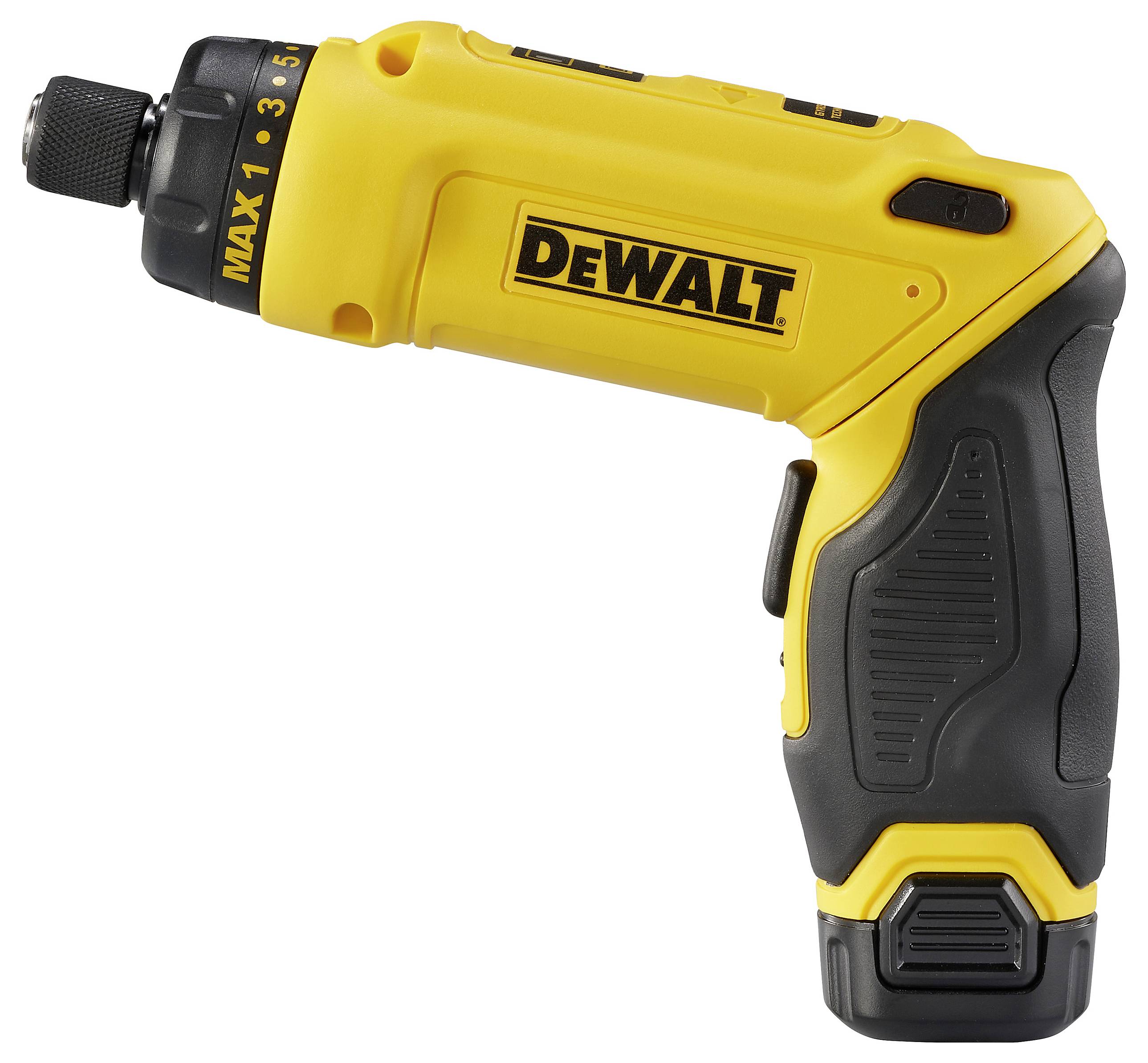 Un cacciavite giallo a batteria DeWalt con impugnatura ergonomica.
