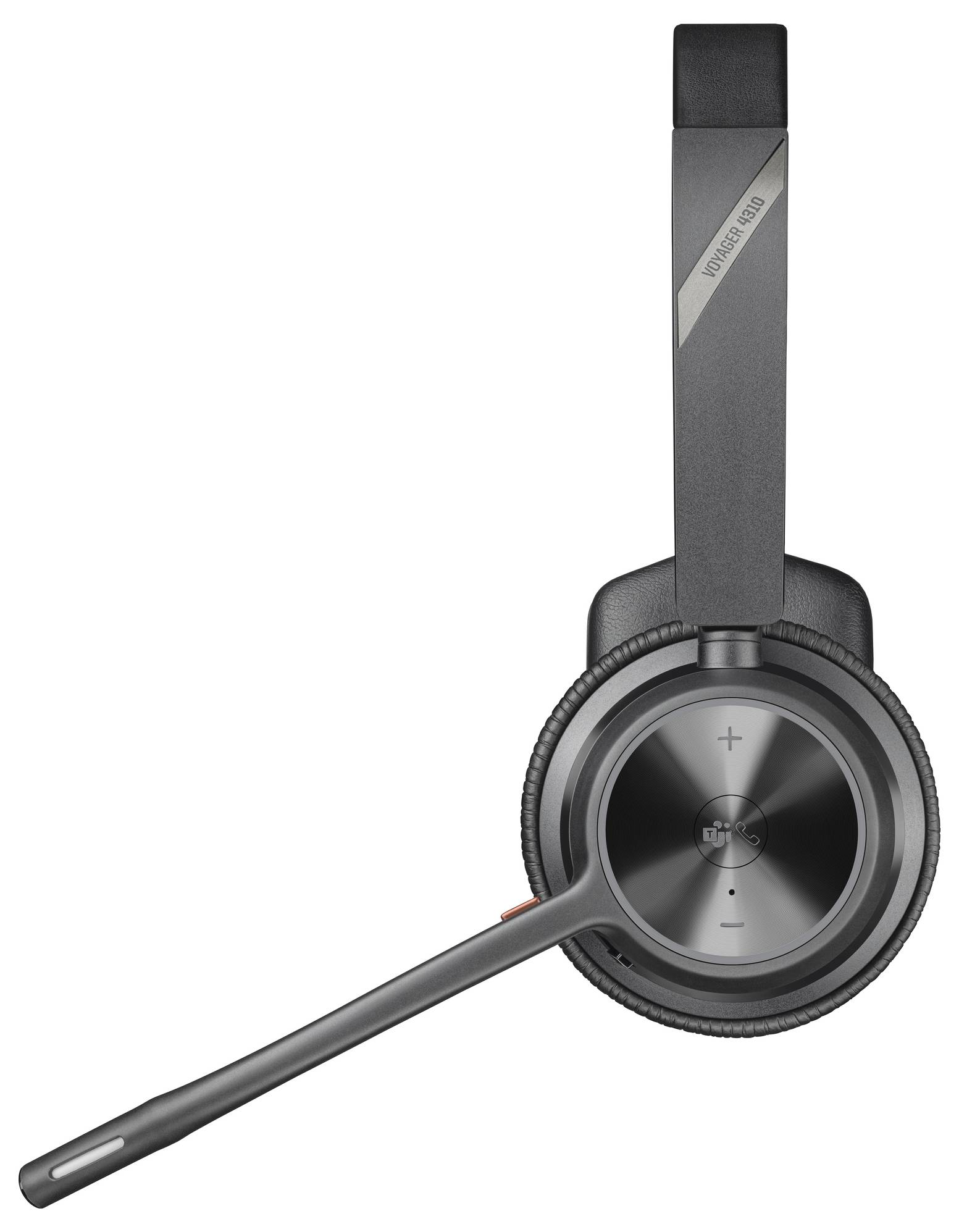 Cuffie wireless nere con braccio del microfono e comandi per il controllo del volume. Progettate per chiamate confortevoli.