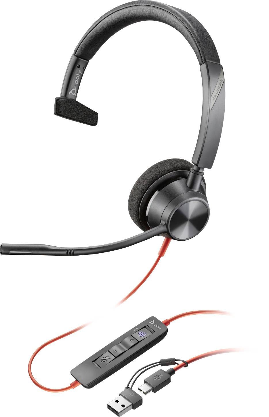 Cuffie USB nere con cavo rosso, braccio del microfono e modulo di controllo in linea con regolazione del volume e connessioni.