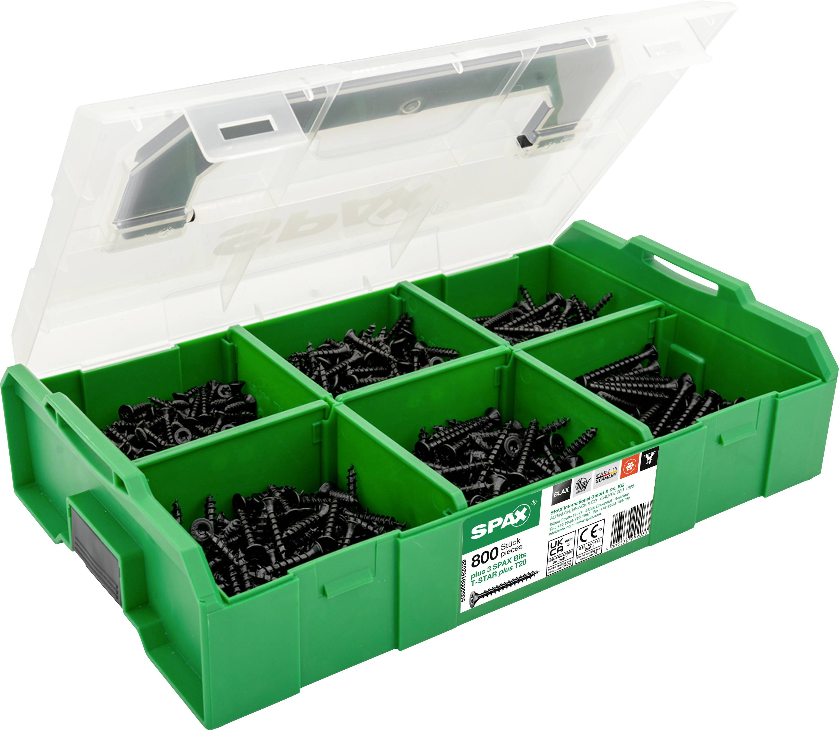 Scatola verde-bianca con sei scomparti, riempita con diverse viti nere. Etichetta della scatola: 'SPAX, 800, T-Star Plus, 4x40'.
