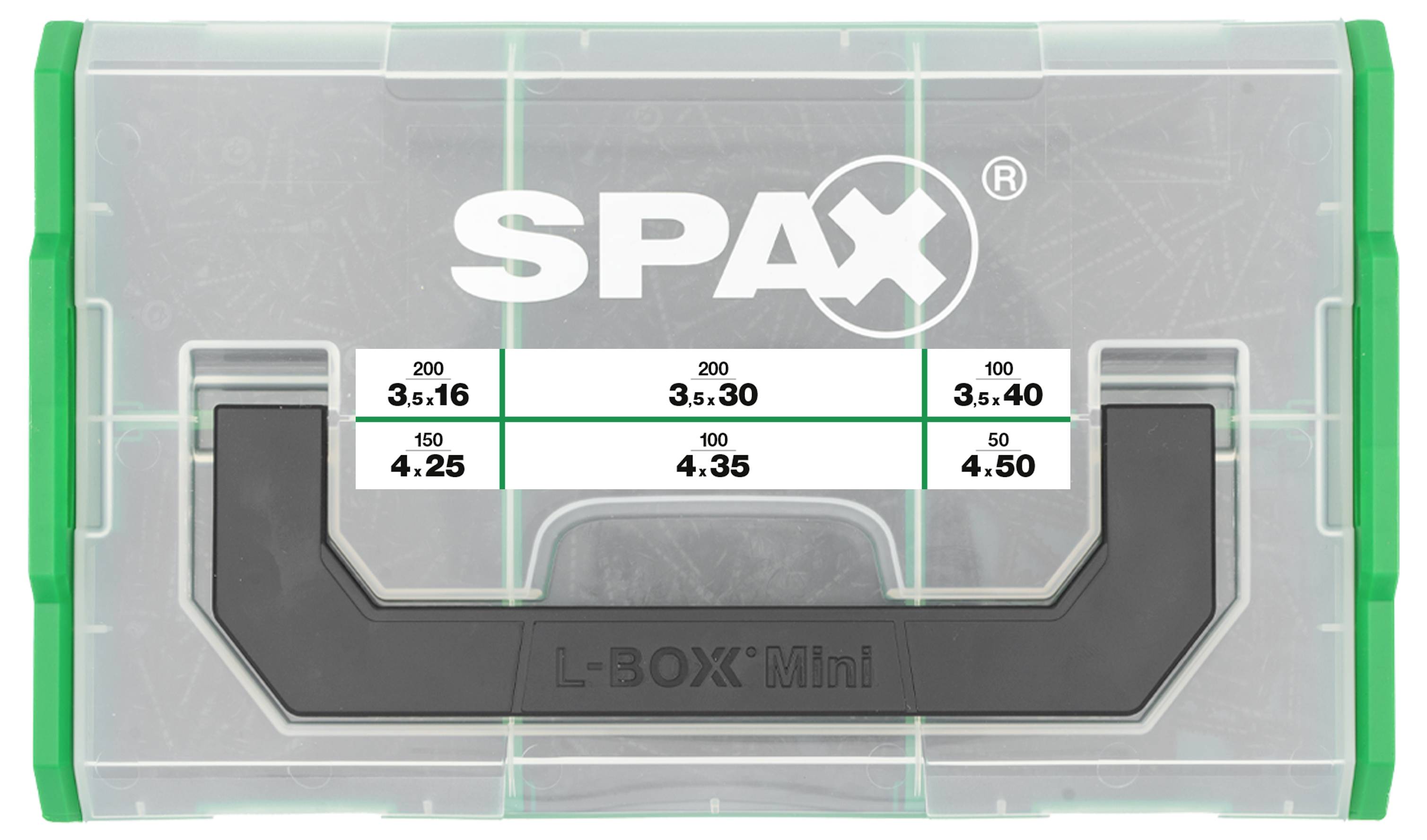 Una scatola verde con coperchio trasparente mostra un contenitore di viti 'SPAX', con tabelle delle misure per viti da 3,5x16 a 3,5x40.