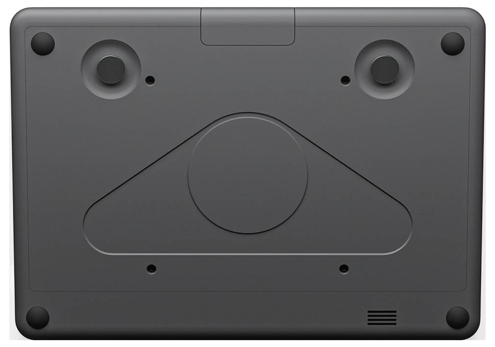 Lato inferiore di un dispositivo nero con due piedini in gomma e fessure di ventilazione, che mostra la struttura tecnica e l'aerazione.