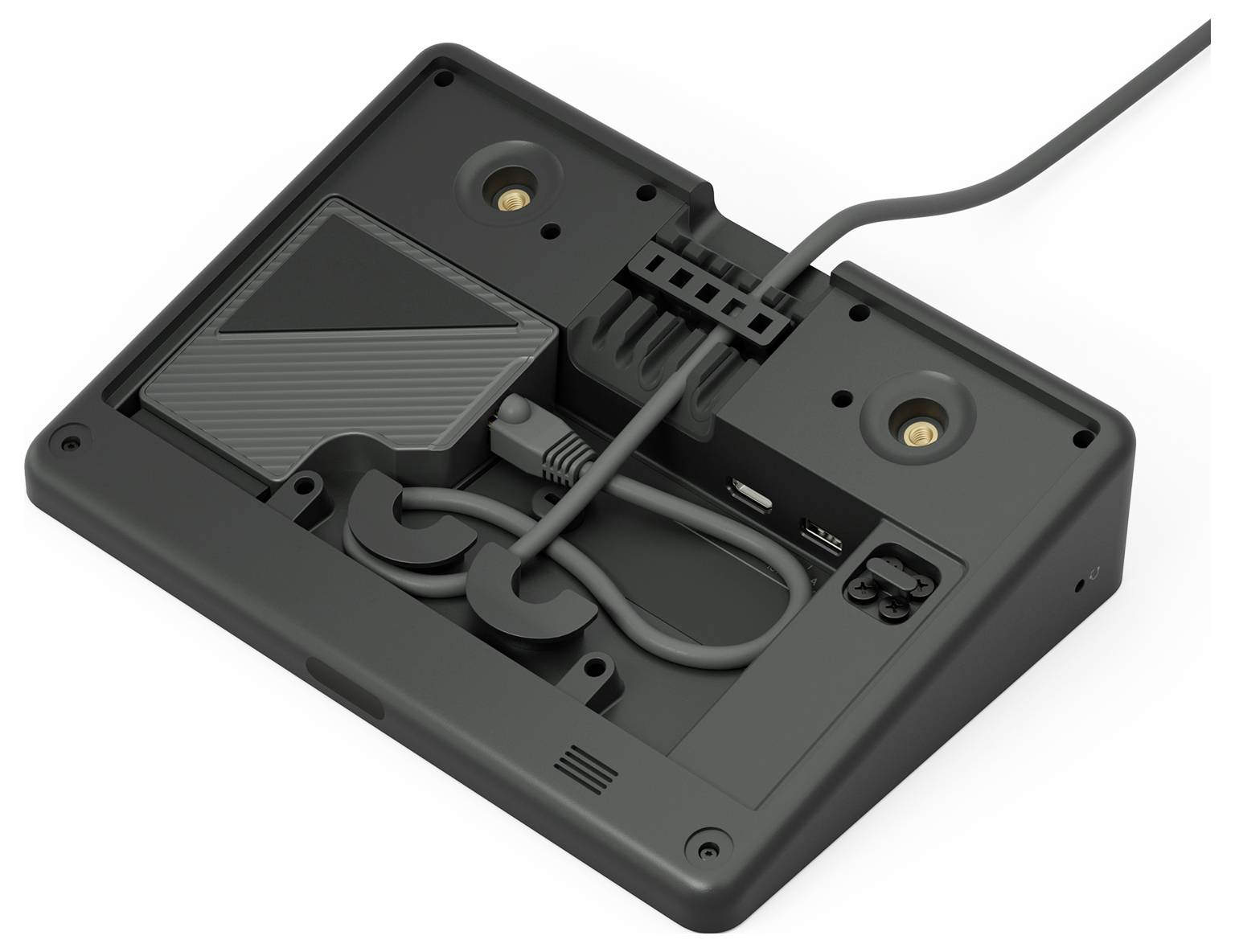 Il retro di un dispositivo elettronico con uno scomparto aperto che mostra la gestione dei cavi e le connessioni.