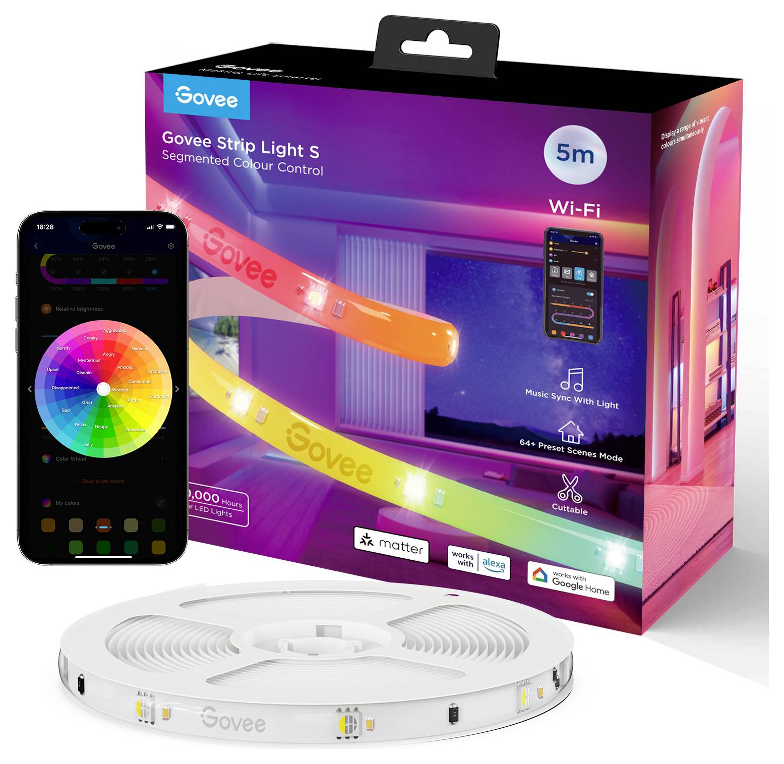 Strisce LED Govee con controllo tramite app e connettività Wi-Fi. La confezione mostra vivaci effetti luminosi e uno smartphone con l'applicazione.
