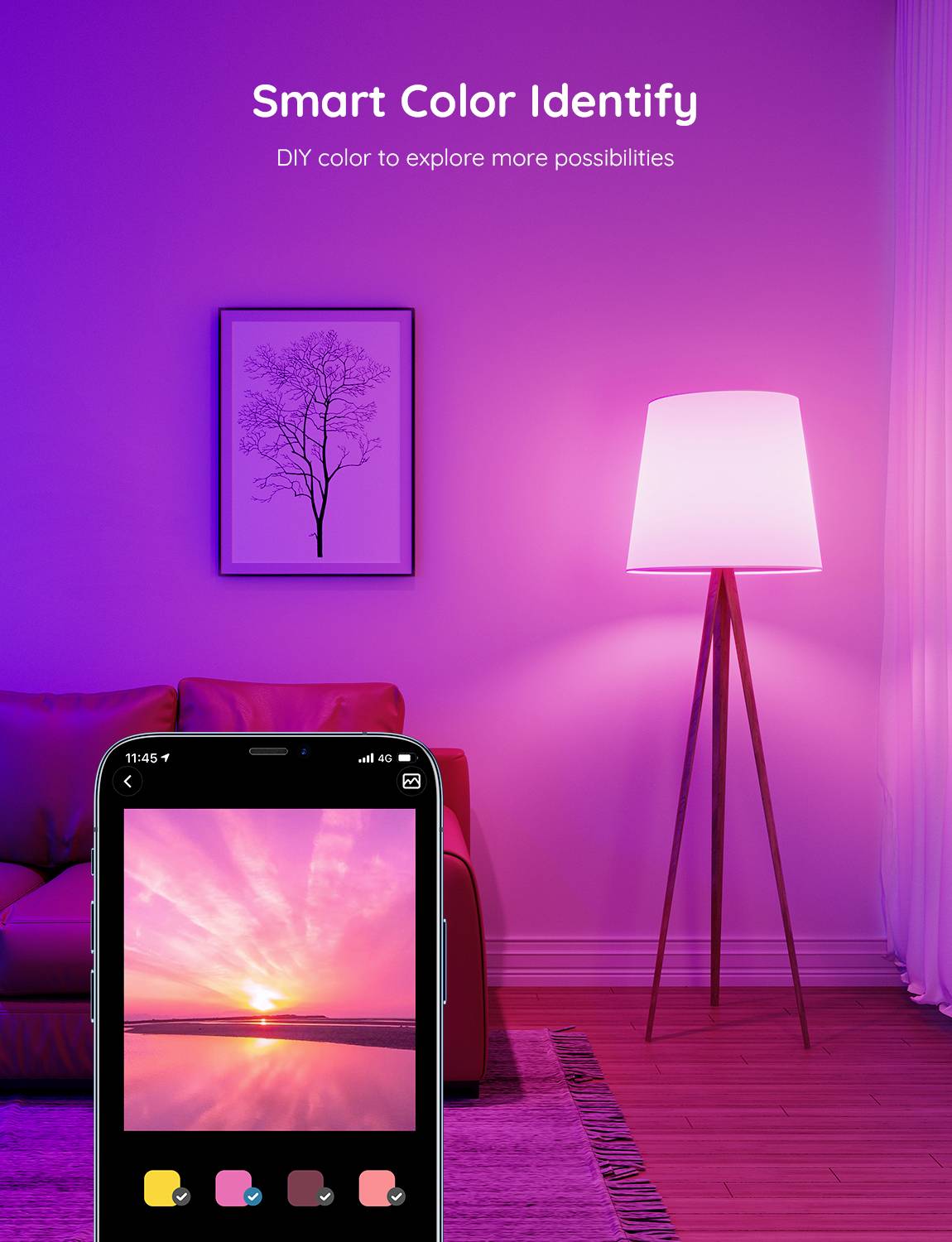Lila illuminava il soggiorno con uno schermo di smartphone in primo piano che mostrava un'app di riconoscimento dei colori.