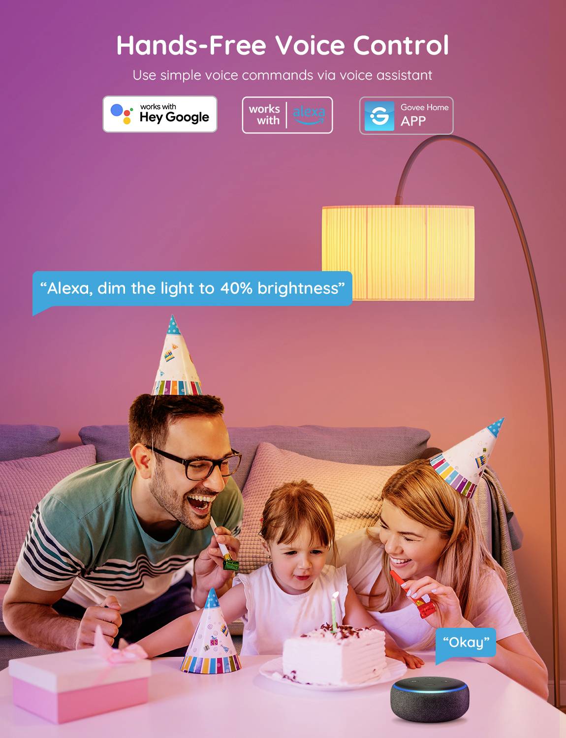 Famiglia festeggia il compleanno, indossando cappelli da festa. Un altoparlante Alexa controlla la lampada. Il testo sopra descrive il controllo vocale con Google, Alexa.