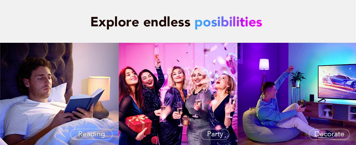 'Scopri infinite possibilità.' Tre situazioni: Leggere a letto, festa con gli amici e decorazione di un soggiorno.