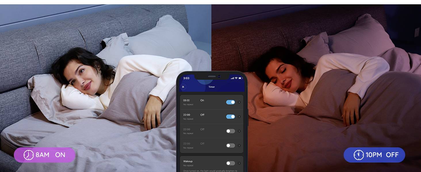 Donna sdraiata a letto con illuminazione diversa alle 8 del mattino (luminosa) e alle 22 di sera (soffusa), controllata tramite app per smartphone.