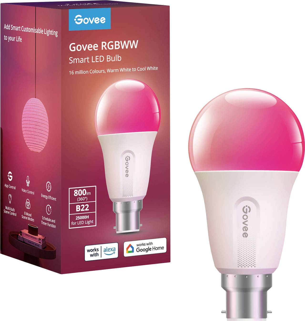 Lampadina LED Smart Govee con RGBWW, compatibile con Alexa e Google Home. La confezione mostra la lampada e le funzioni come 16 milioni di colori.