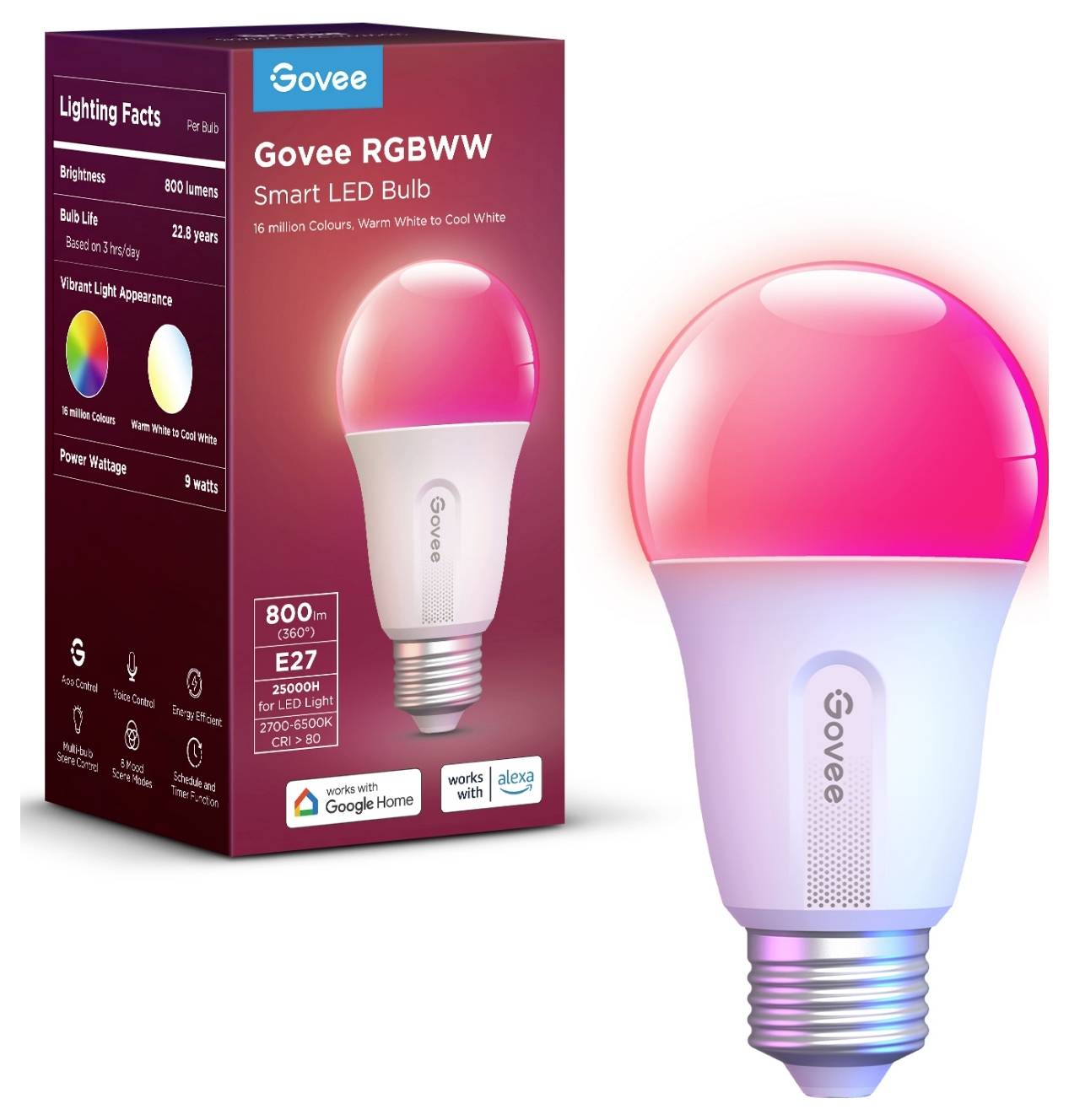 Una lampadina LED intelligente del brand Govee con regolazione continua del colore e compatibilità con Google Home e Alexa. La confezione mostra dettagli come luminosità e potenza in watt.