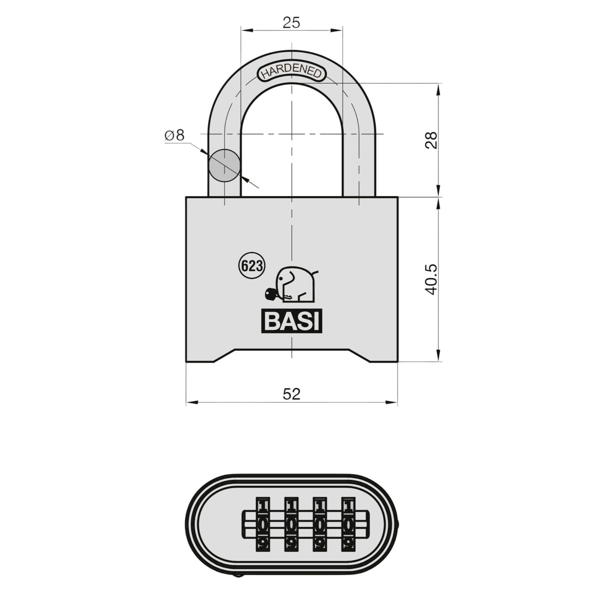 Un lucchetto con le seguenti dimensioni: larghezza 52 mm, altezza 40,5 mm. Sotto è presente anche un disegno del meccanismo di codifica numerica.