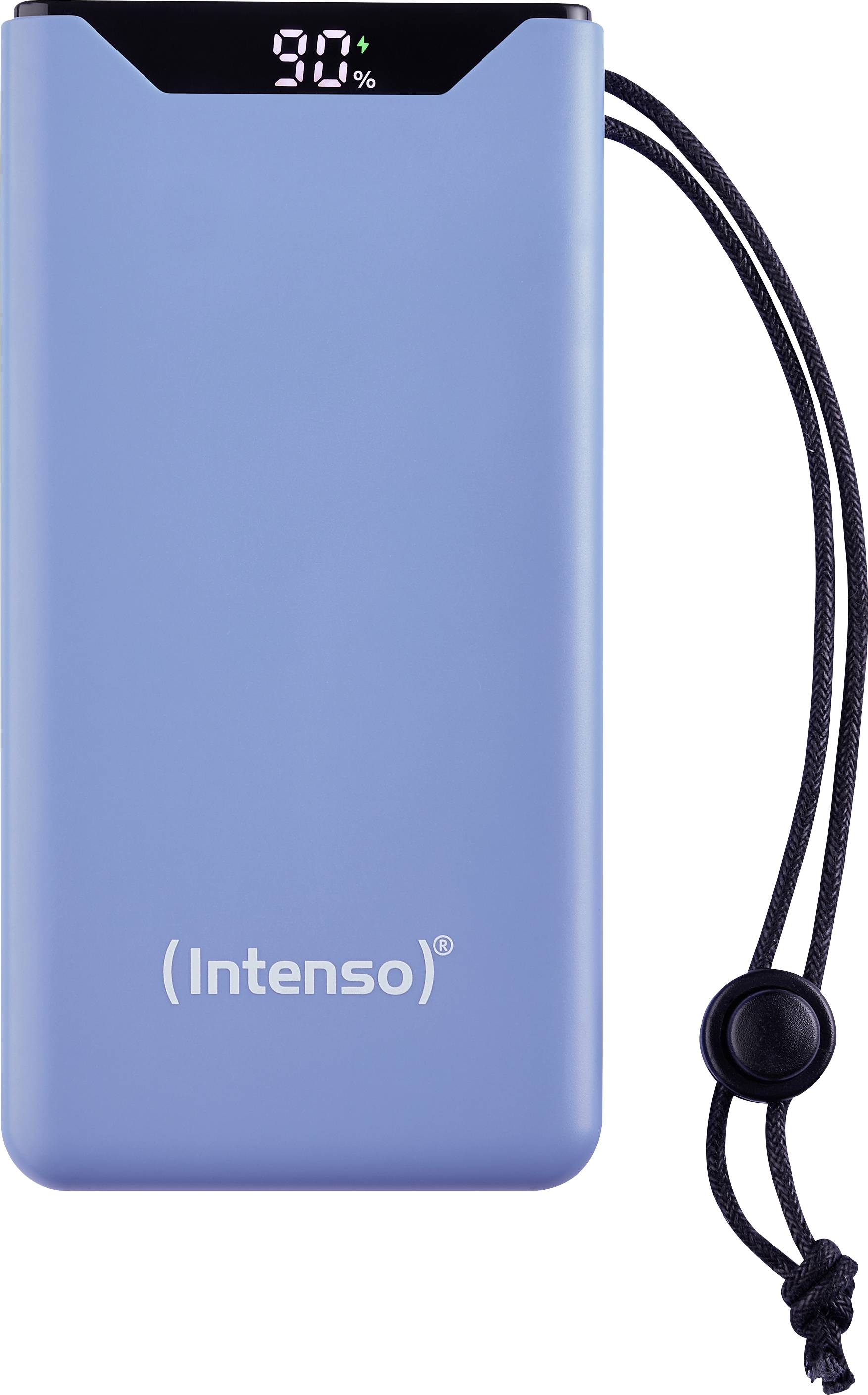 Powerbank blu 'Intenso' con display digitale che mostra il 90% di carica. Cordoncino nero sul lato.