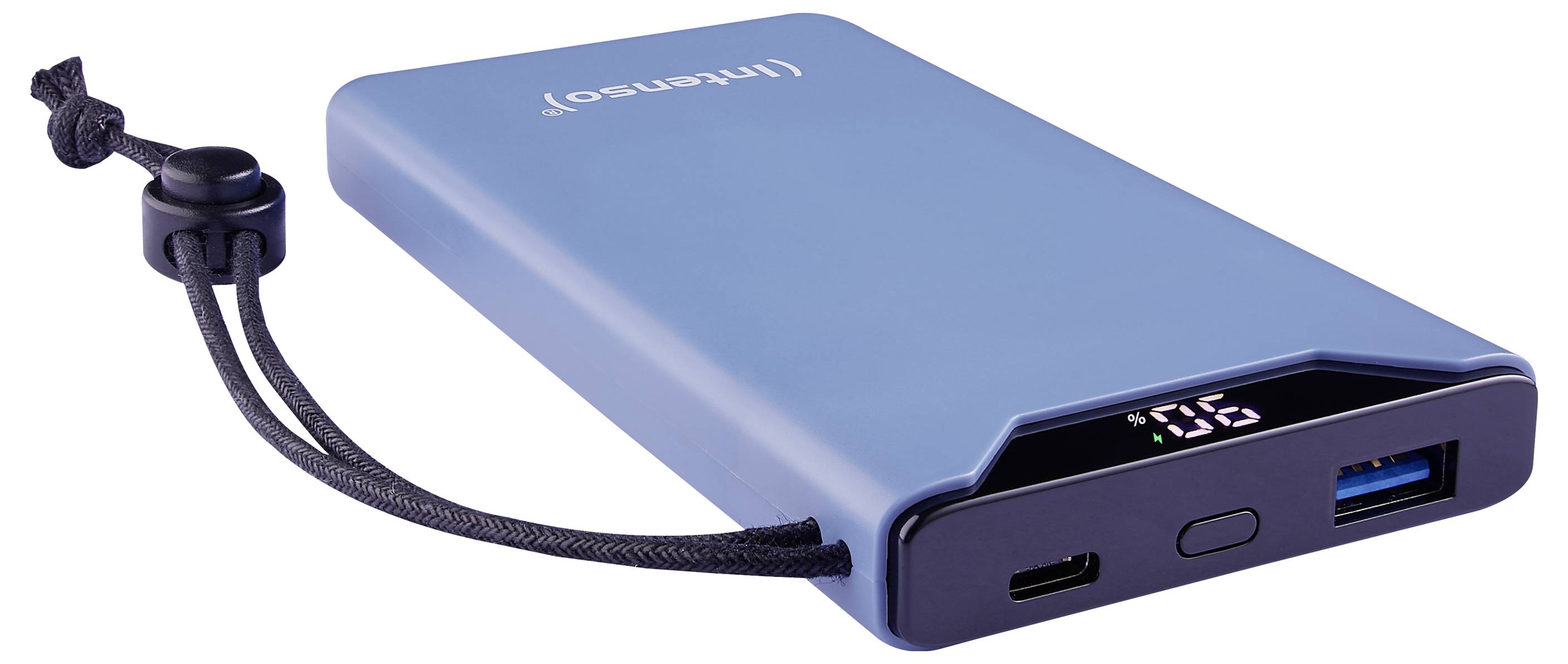 Powerbank blu con display digitale di ricarica e multiple porte di connessione, dotata di un laccio di trasporto nero.