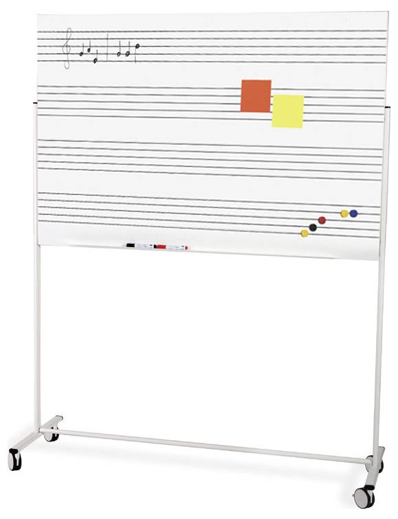 Lavagna con pentagrammi e piccoli magneti; due note colorate e una sezione con note musicali. Ideale per lezioni di musica.
