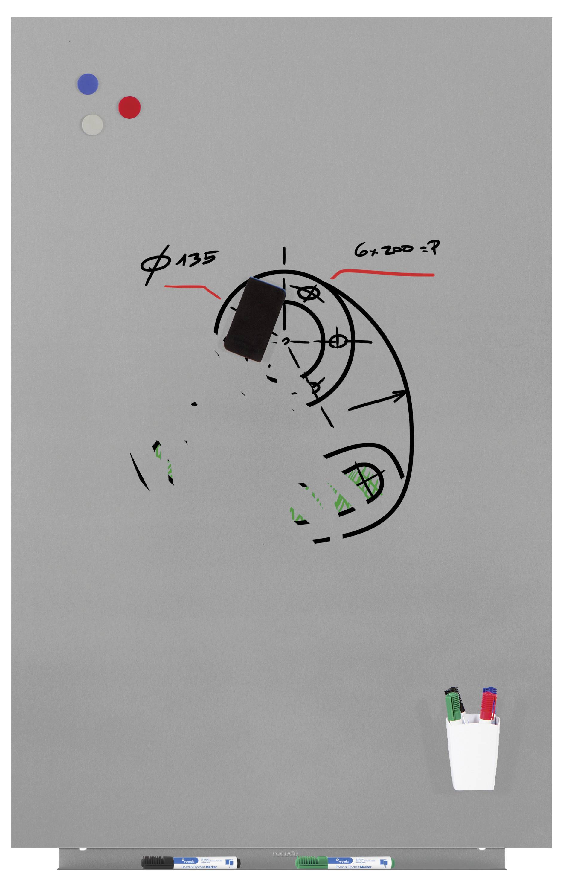 Una lavagna grigia con disegni tecnici e appunti in nero, bianco e rosso. In basso un contenitore con penne rosse e verdi.