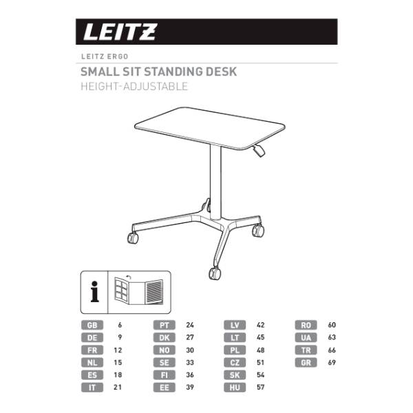 Postazione di lavoro regolabile in altezza di Leitz Ergo, raffigurata con base su ruote e piano di lavoro rettangolare. Codici decorativi dei paesi in basso.