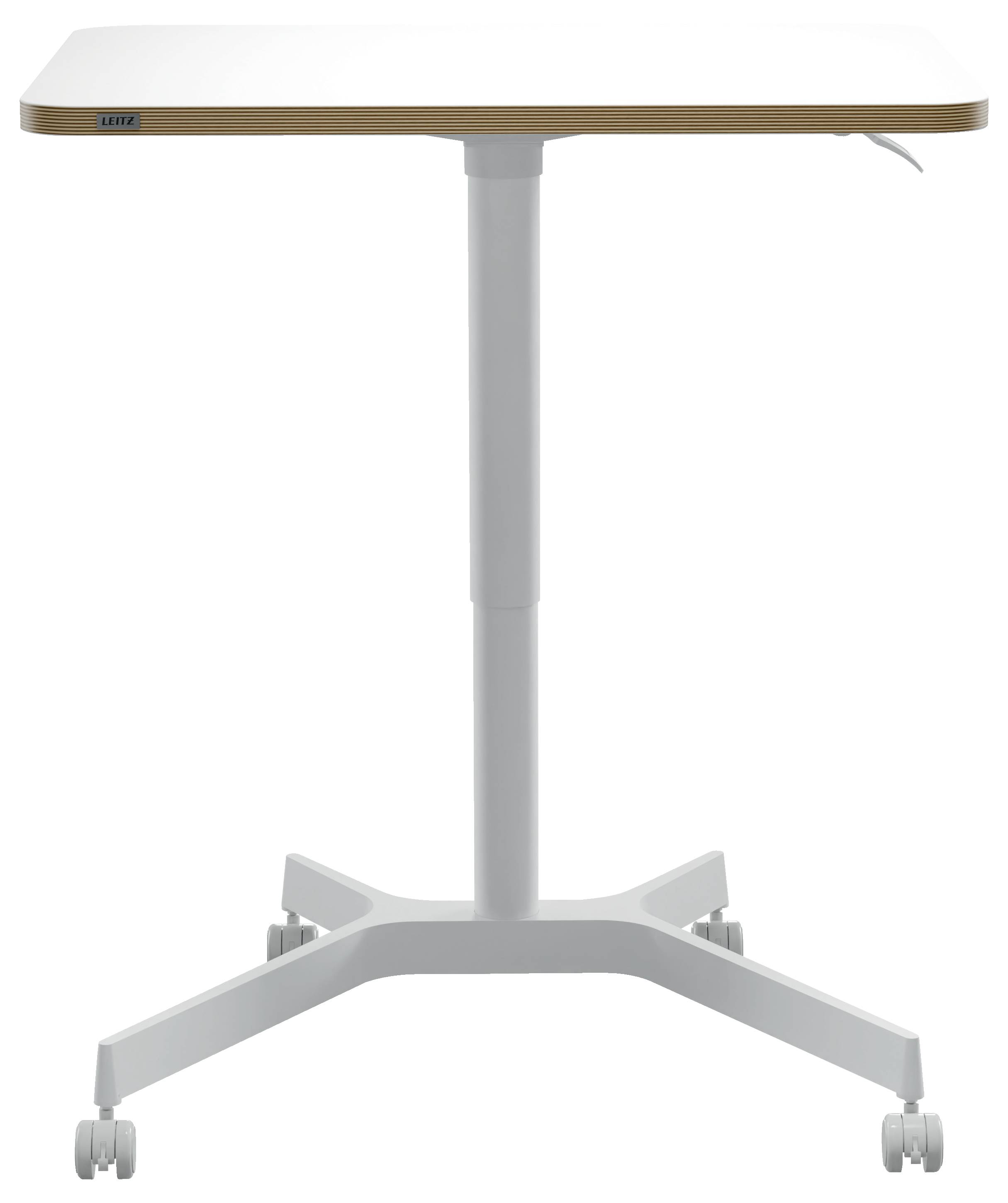 Un tavolo regolabile in altezza su ruote con piano in legno rettangolare e telaio metallico stabile. Adatto per applicazioni di ufficio flessibili.