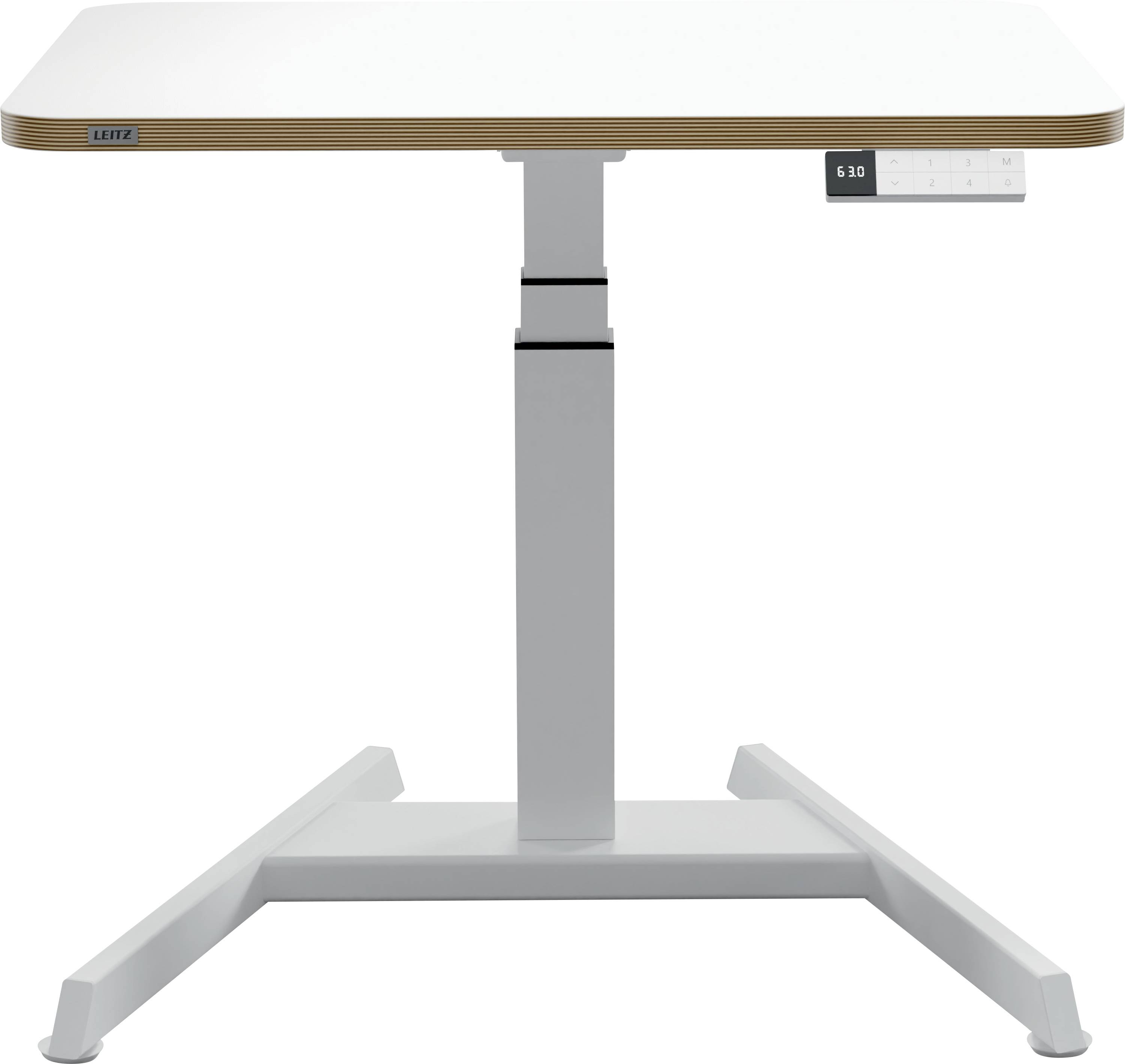 Un tavolo regolabile in altezza con un piano bianco e un telaio in metallo argento, adatto per un lavoro ergonomico.