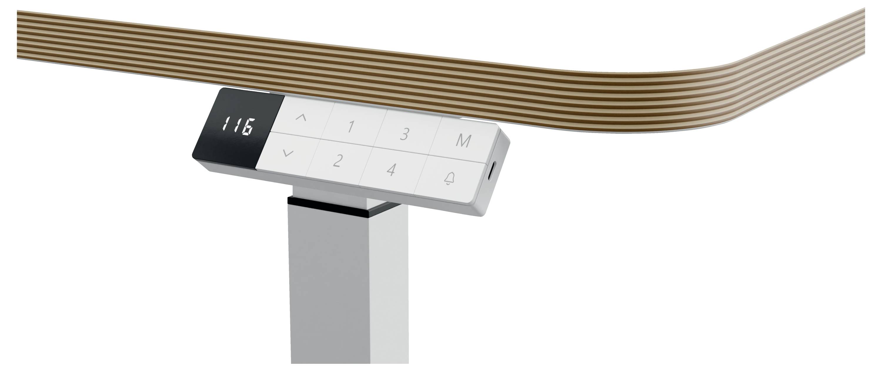 Tavolo regolabile elettricamente con pannello di controllo digitale; il display mostra '116'. Superficie in legno collegata a una gamba in metallo.