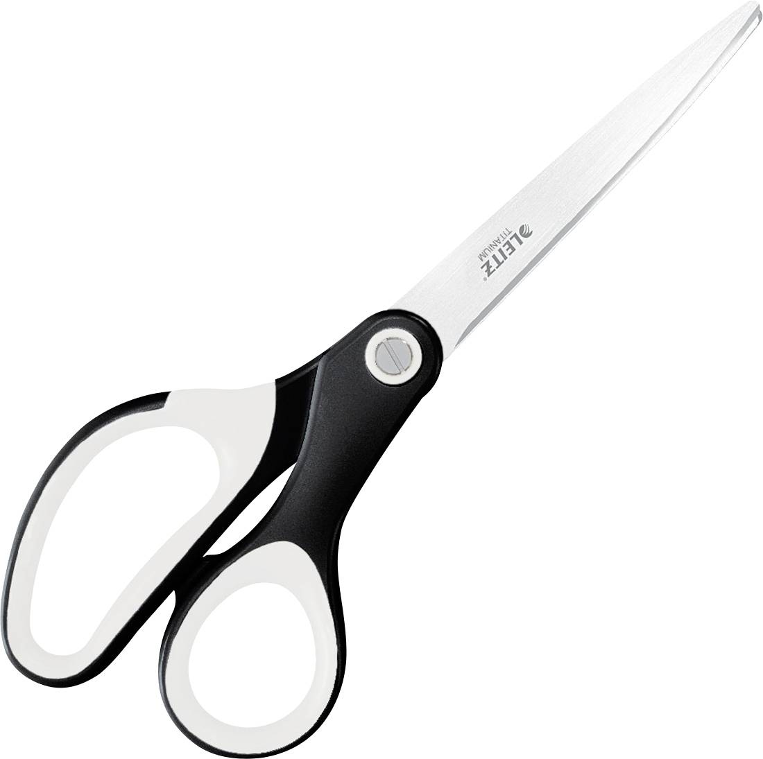 Una forbice in bianco e nero con impugnature ergonomiche, inclinata leggermente verso destra.