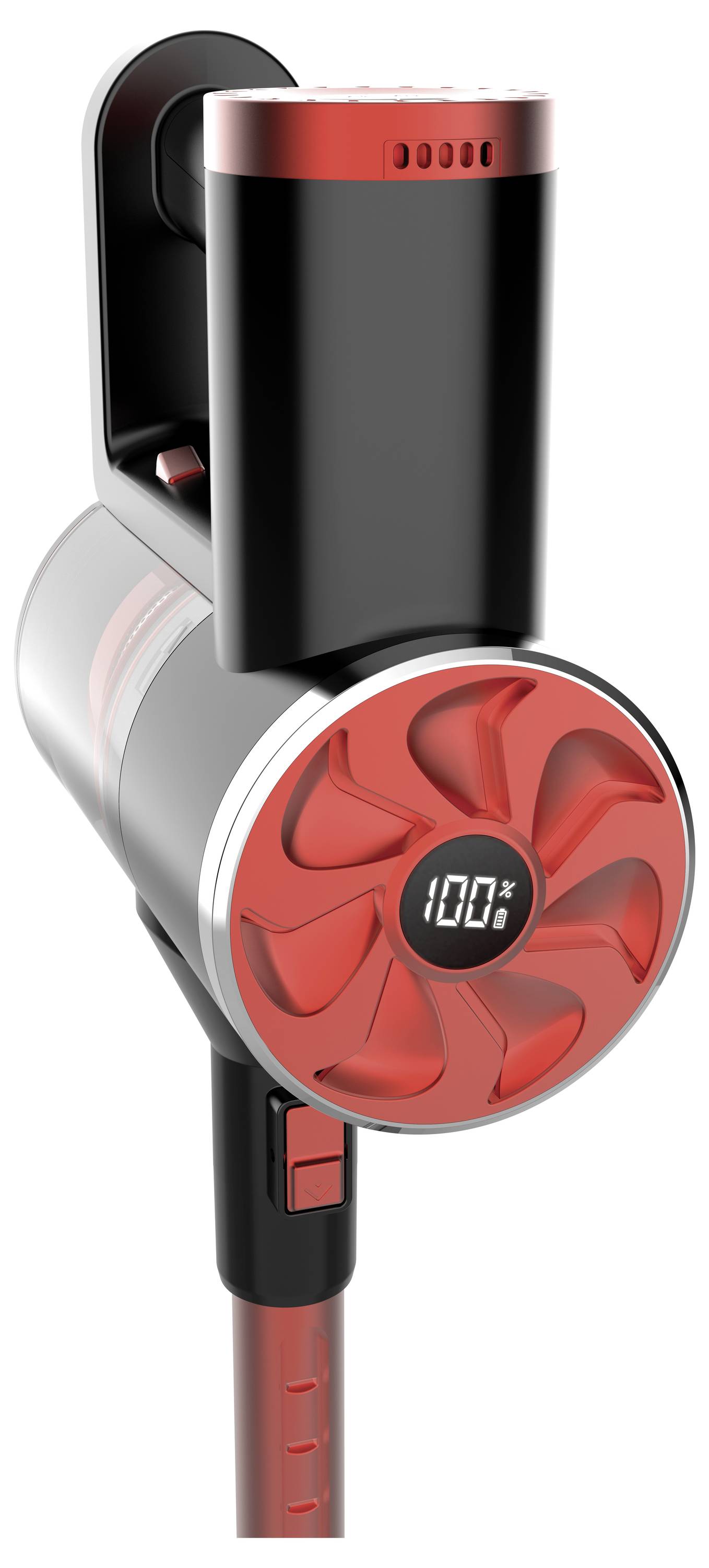 Aspirapolvere a mano rosso senza fili con display digitale che mostra '100%'. Design compatto e moderno con impugnatura ergonomica.