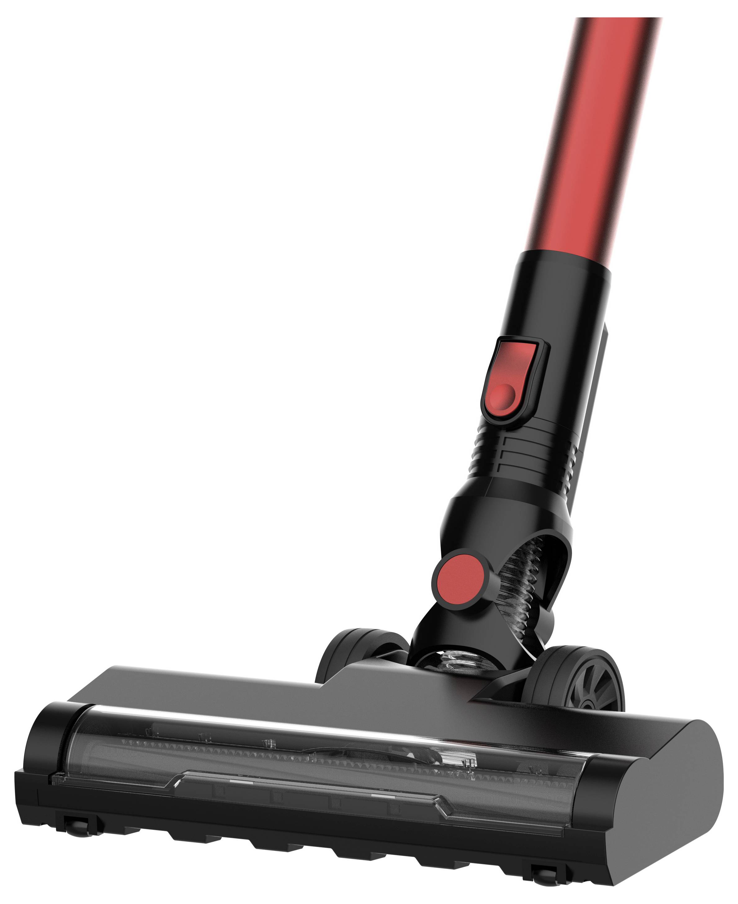 Un aspirapolvere senza fili, rosso, con testina spazzolante è raffigurato. Ideale per pulire pavimenti e tappeti.