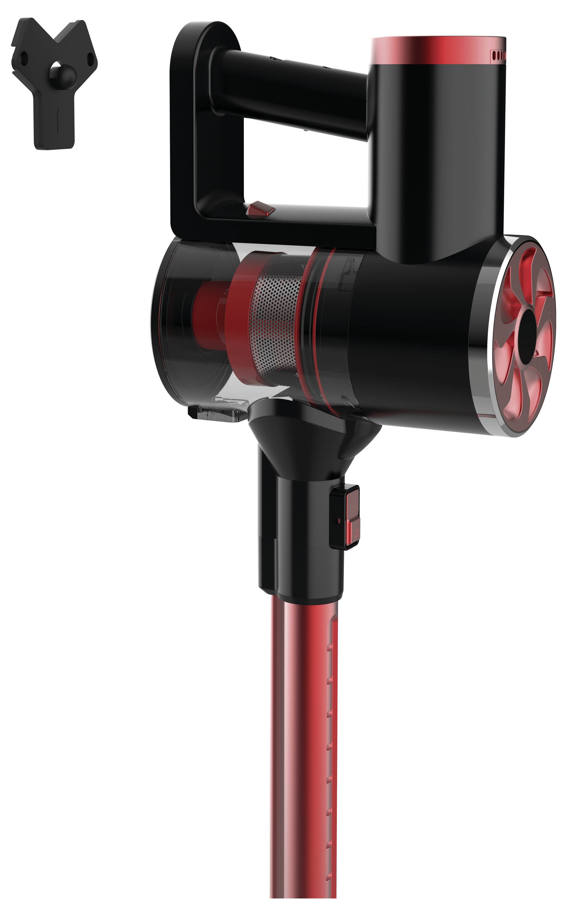 Aspirapolvere nero e rosso senza fili con accessori montato su supporto a parete. Design moderno per una pulizia efficiente.