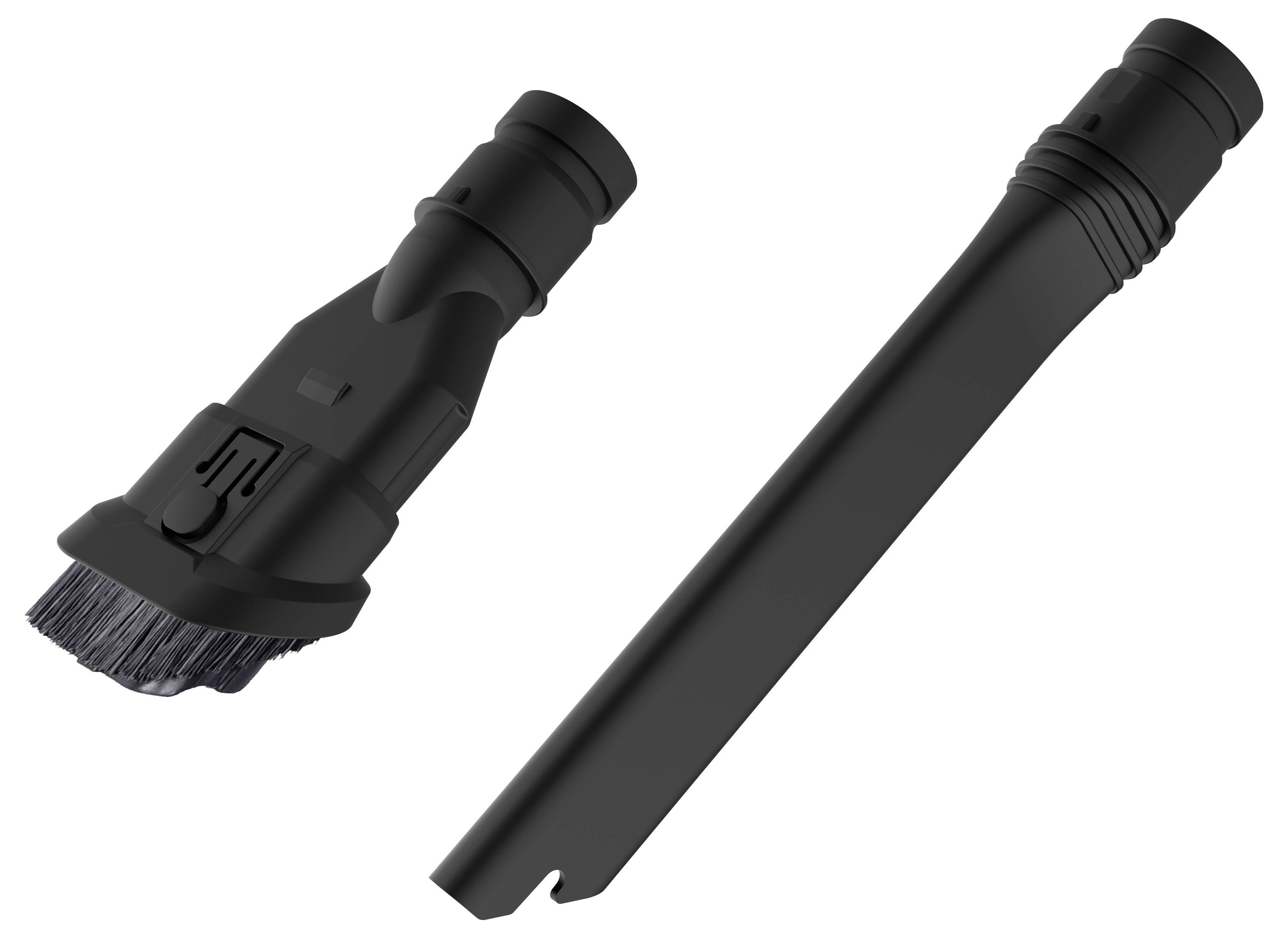 Due accessori per aspirapolvere: a sinistra un bocchettone con spazzola a setole morbide, a destra un bocchettone stretto per fessure, ideale per punti difficilmente raggiungibili.