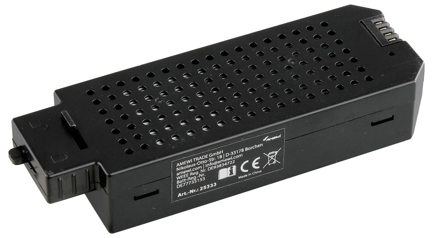Un dispositivo elettronico nero, rettangolare, con feritoie di ventilazione e un'uscita sul lato, probabilmente un adattatore o un caricabatterie.