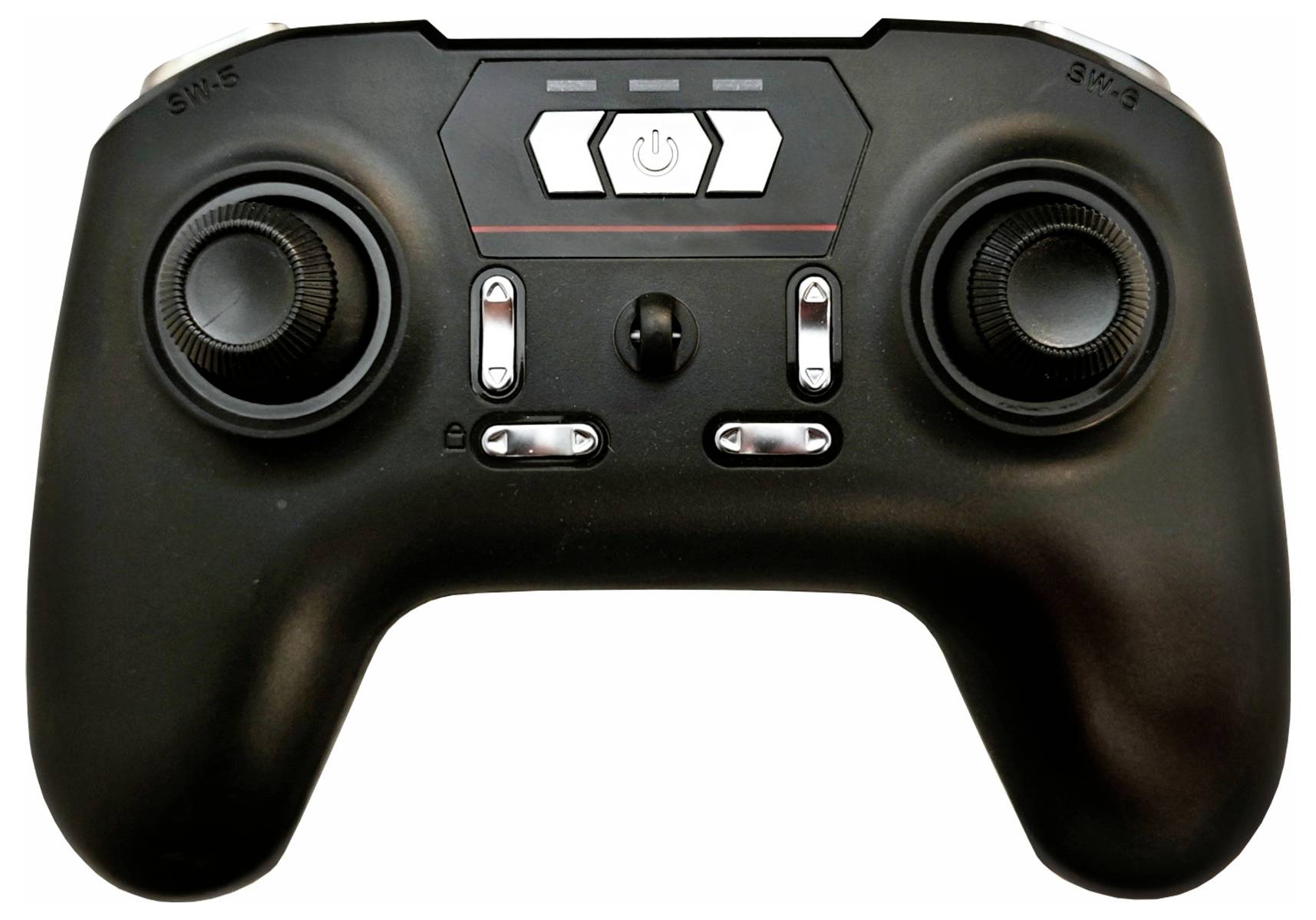 Controller da gaming nero con due analogici, una croce direzionale, quattro tasti e un interruttore centrale di accensione/spegnimento.