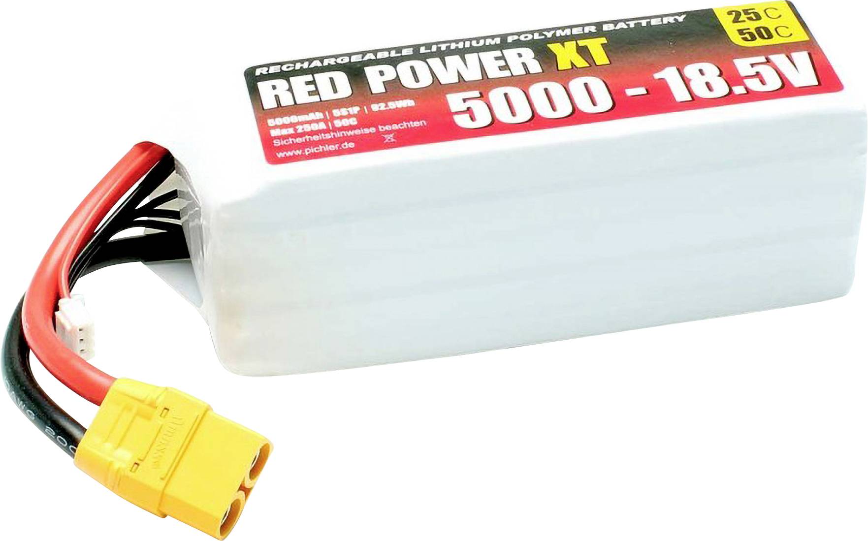Batteria Litio-Polimeri, 'RED POWER XT', capacità 5000mAh, tensione 18,5V, per modelli RC. Spina e cavi visibili.