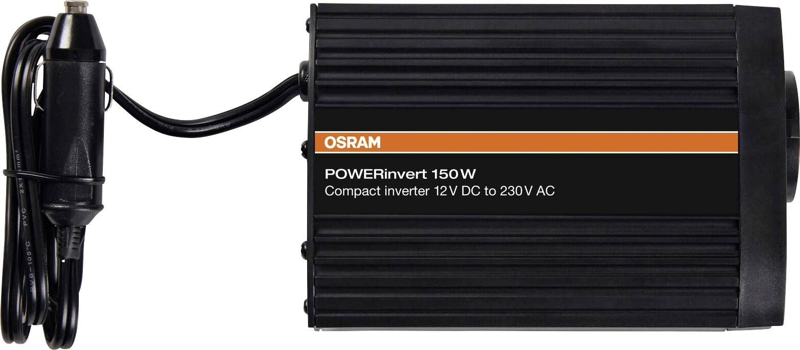 Invertitore 'OSRAM POWERinvert 150W', conversione da 12V DC a 230V AC, design compatto, colore nero, cavi di connessione visibili.