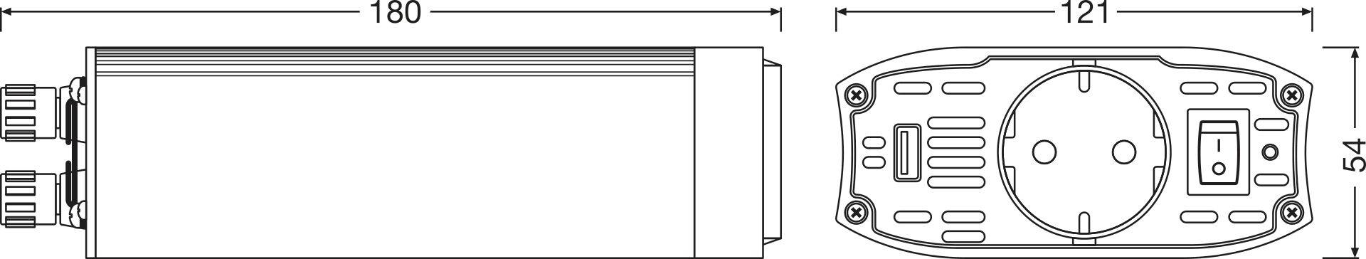Disegno di un dispositivo rettangolare con dimensioni 180 x 121 x 54 mm, che mostra la vista frontale e laterale con connettori e slot.