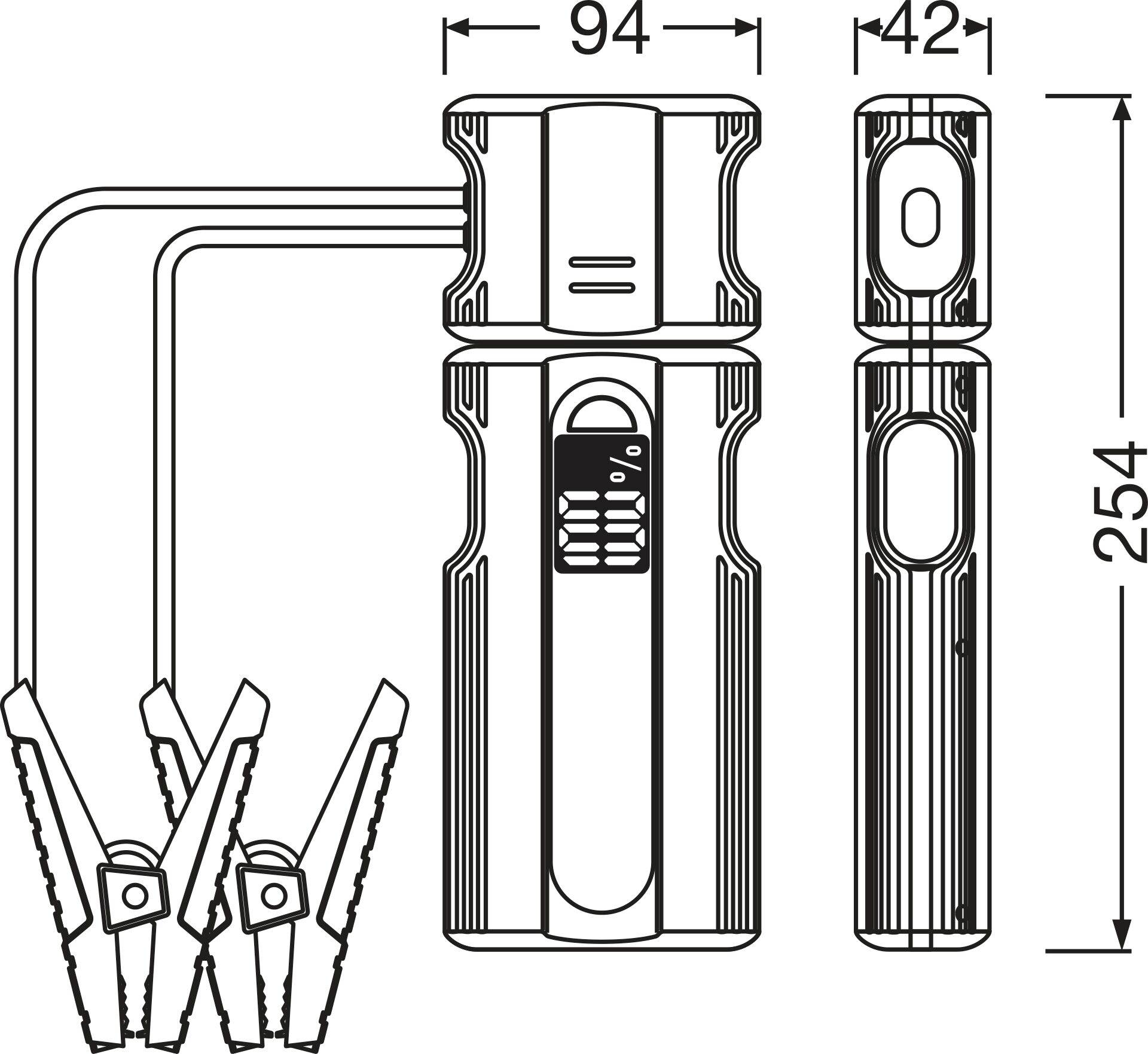 Disegno tecnico di un dispositivo portatile di avviamento con misure: 94 mm larghezza, 42 mm profondità, 254 mm altezza; mostra cavi con morsetti.