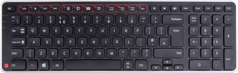 Tastiera nera per computer con tasti funzione illuminati da F1 a F12 sul bordo superiore. I tasti rossi in basso a sinistra sono contrassegnati con 'Fn' e 'Ctrl'.